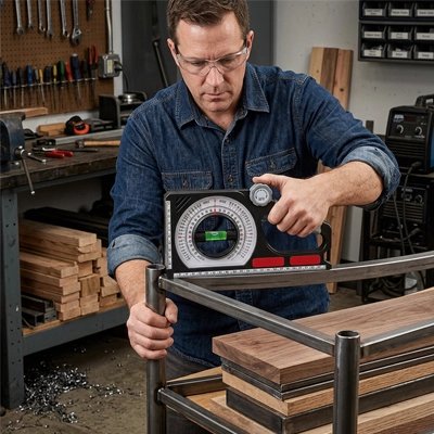 Niveau à bulle magnétique posé sur une armature métallique en atelier