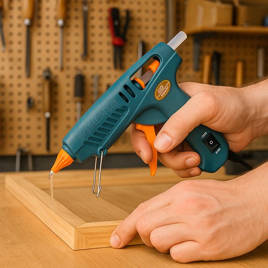 pistolet à colle avec gâchette orange près d’un cadre en bois
