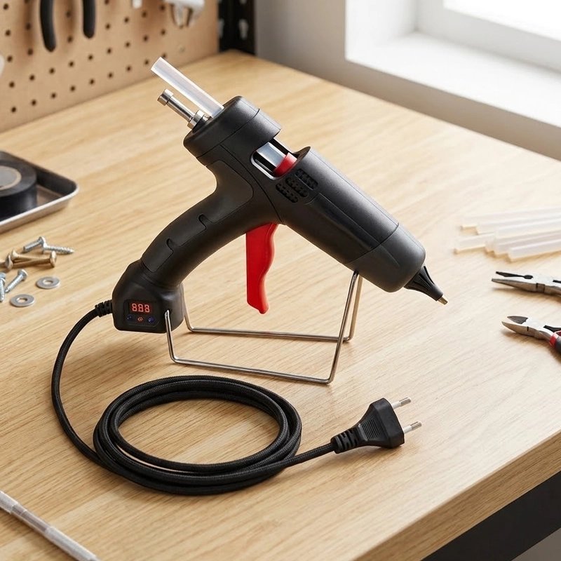 pistolet a colle avec gâchette rouge et support métallique