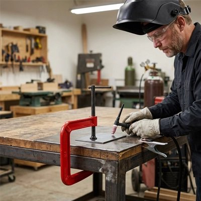 serre joint à vis fixant une plaque au bord de l’établi