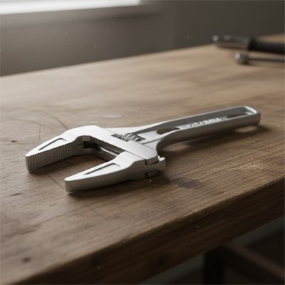 Clé à molette sur une table en bois 