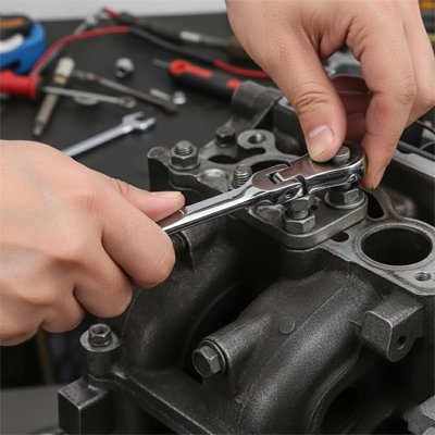 Clé à cliquet ajuste une piece metalique d'un moteur