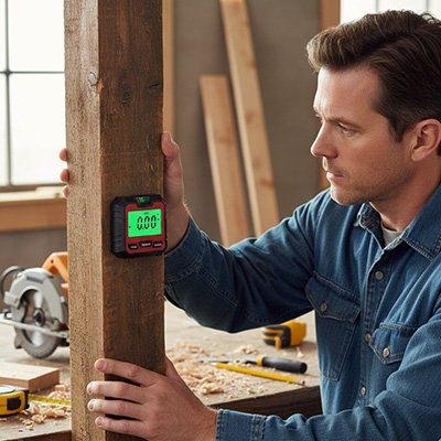 Inclinomètre fixé sur une poutre en bois 