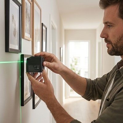  Laser niveau croix vert guidant la pose de cadres au mur