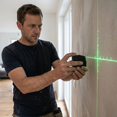 Laser niveau croix vert projeté sur mur par artisan concentré