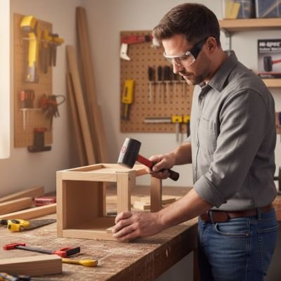 Maillet entre les mains d'un menuisier 