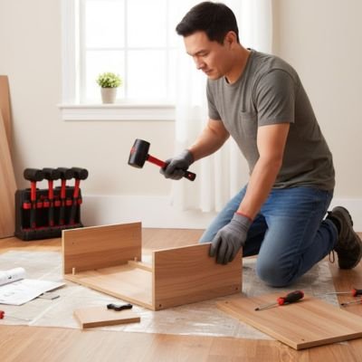 Maillet en train de monter un meuble
