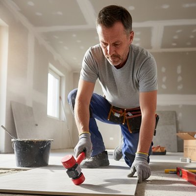 Marteau entre les mains d'un carreleur 