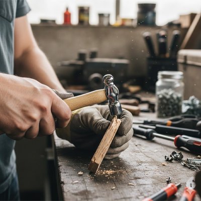  Marteau dans la main d'un bricoleur