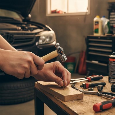 Marteau en trai de cloué un clou sur une palnche 