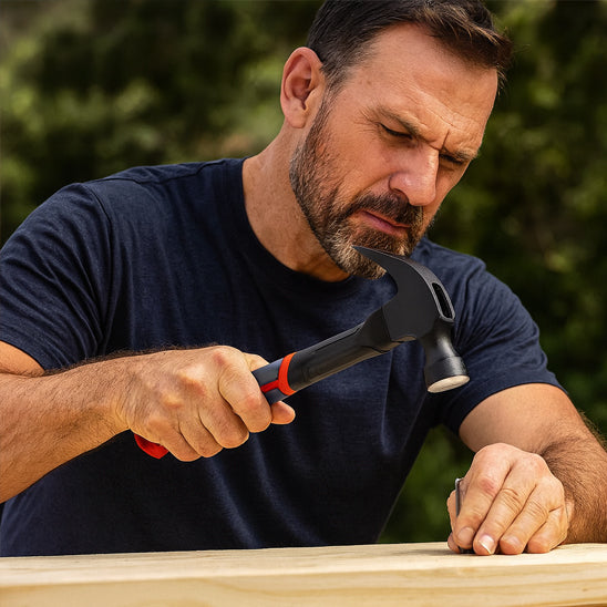Marteau en train de clouer une planche sur une structure