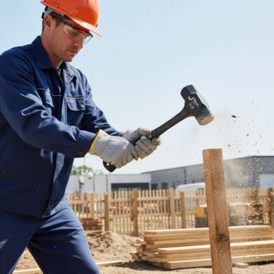 Massette en train de planter un piquet en bois