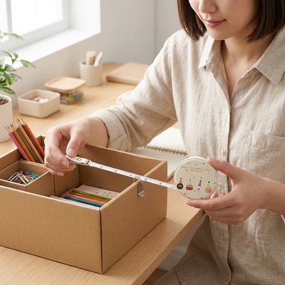 Mètre ruban souple mesurant l’intérieur d’une boîte en carton
