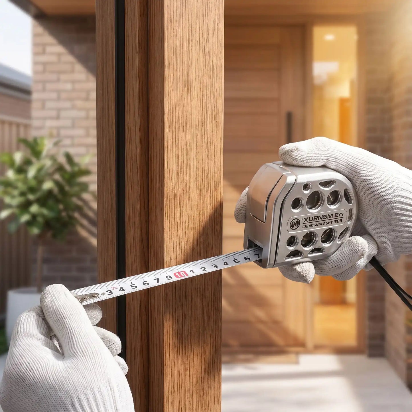 Mètre ruban précis sur structure bois par technicien ganté