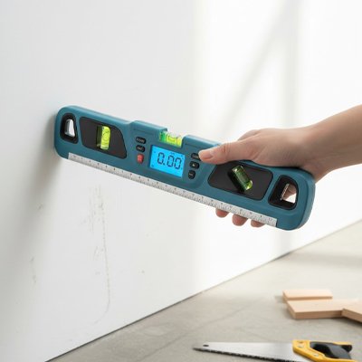 Niveau à bulle contre un mur pour prendre des mesures 