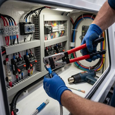 Pince à sertir entre les mains d'un technicien