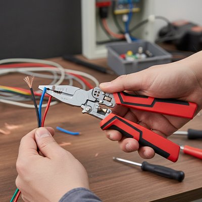 Pince a denuder coupant l’extrémite d’un câble multibrin