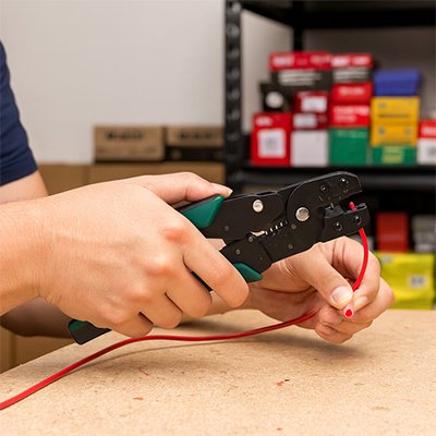 Pince à sertir utilisee pour connexion de fils électriques