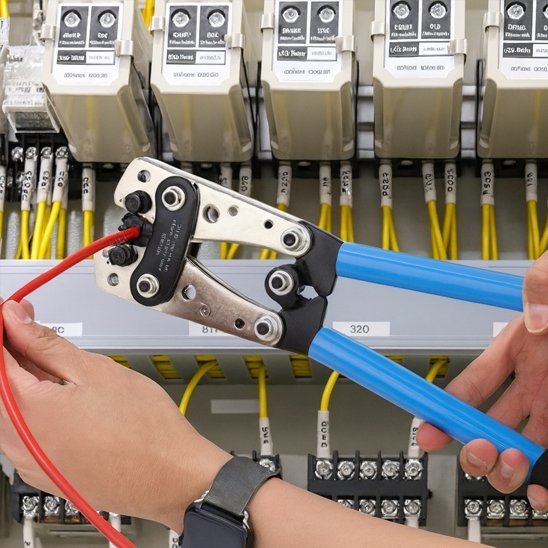 Pince à sertir appliquant une pression sur un connecteur de gros câble