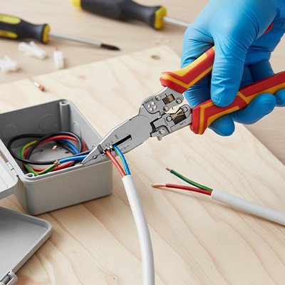 Pince a denuder en train de retirer l’isolation d’un fil électrique.