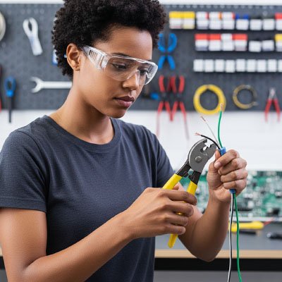 Pince coupante coupant un câble électrique dans l'atelier  
