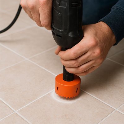 Scie cloche fixée a une perceuse fait trou sur du carrelage 