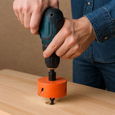 Scie cloche orange fixée a une perceuse 
