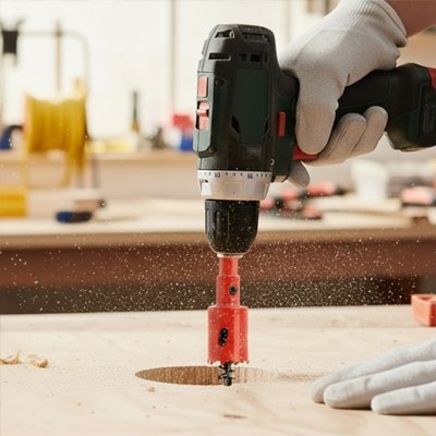 Scie cloche fait un trou circulaire sur une planche 