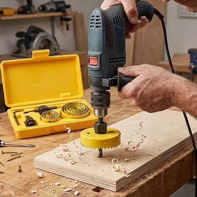 Scie cloche bois  jaune fiée a une perceuse 