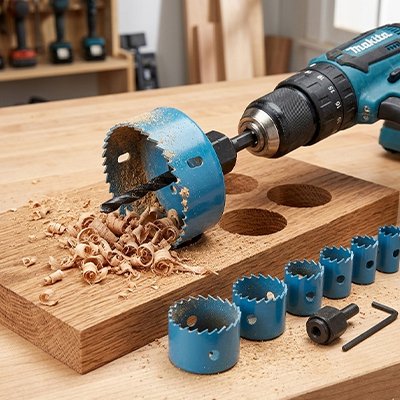 Scie cloche bois en train de faire des trous 