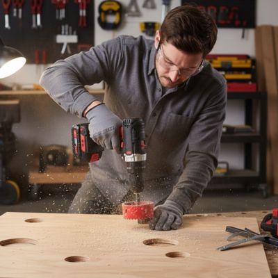 Scie cloche en train de faire de faire trou sur du bois 