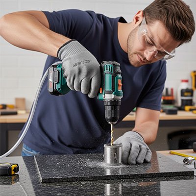 Scie cloche fait trou sur  marbre 