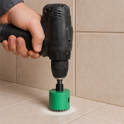 Scie cloche fait un trou sur du carrelage 