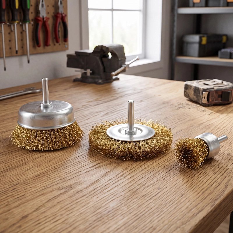  Brosses métalliques pour perceuse 3 formats sur établi bois