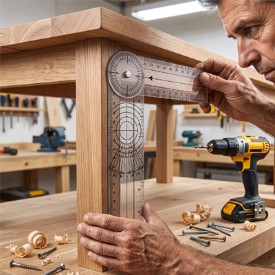 Goniomètre appliqué sur un pied de table pour un angle parfait