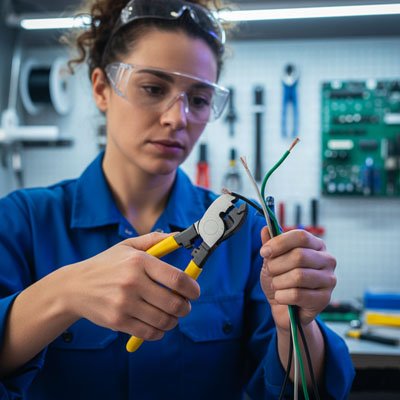 ince coupante isolee 1000V utilisée par une electricienne