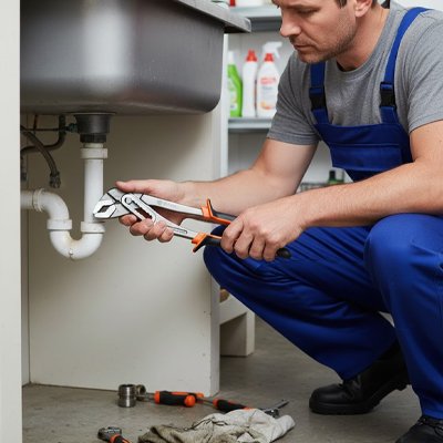 Pince multiprise dans les mains d'un technicien sous un évier