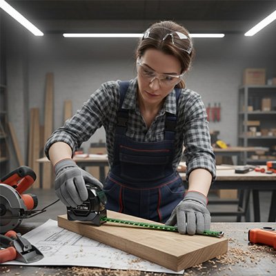 metre ruban avec bricoleuse préparant une coupe droite