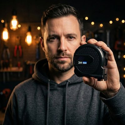 Mètre ruban compact noir dans la main d’un artisan