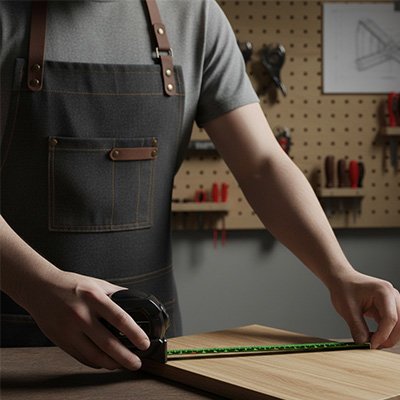 Mètre ruban déployé sur une planche par un artisan en tablier