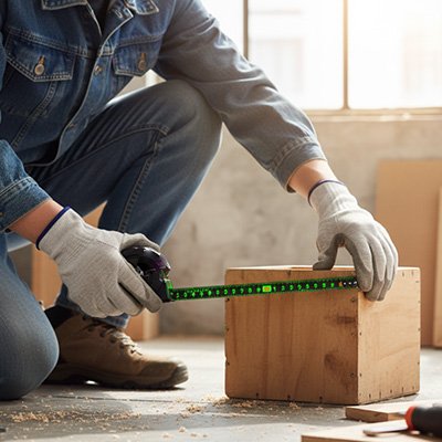 metre ruban mesurant une caisse en bois sur le sol