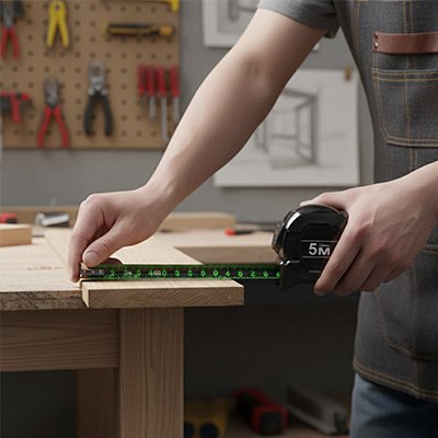 metre ruban mesurant une planche sur un établi