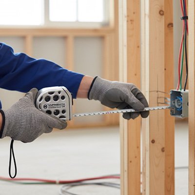 Mètre ruban utilisé pour mesurer une installation électrique