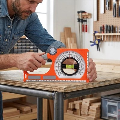 Niveau à bulle orange pro posé à plat sur établi en bois