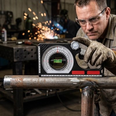  Niveau à bulle utilisé sur tube cylindrique sous étincelles de soudure