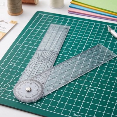 Outil transparent posé sur tapis de découpe vert avec règles 