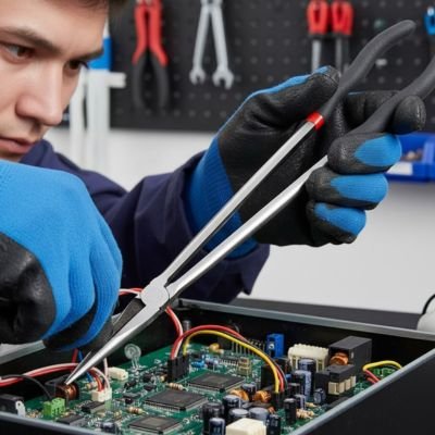 Pince a bec ajustant un connecteur sur un circuit imprimé