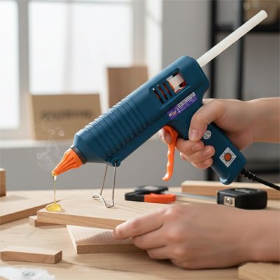 pistolet à colle bleu utilisé pour un bricolage sur table