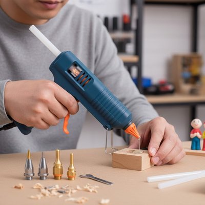 pistolet à colle déposant une goutte sur un petit bloc en bois