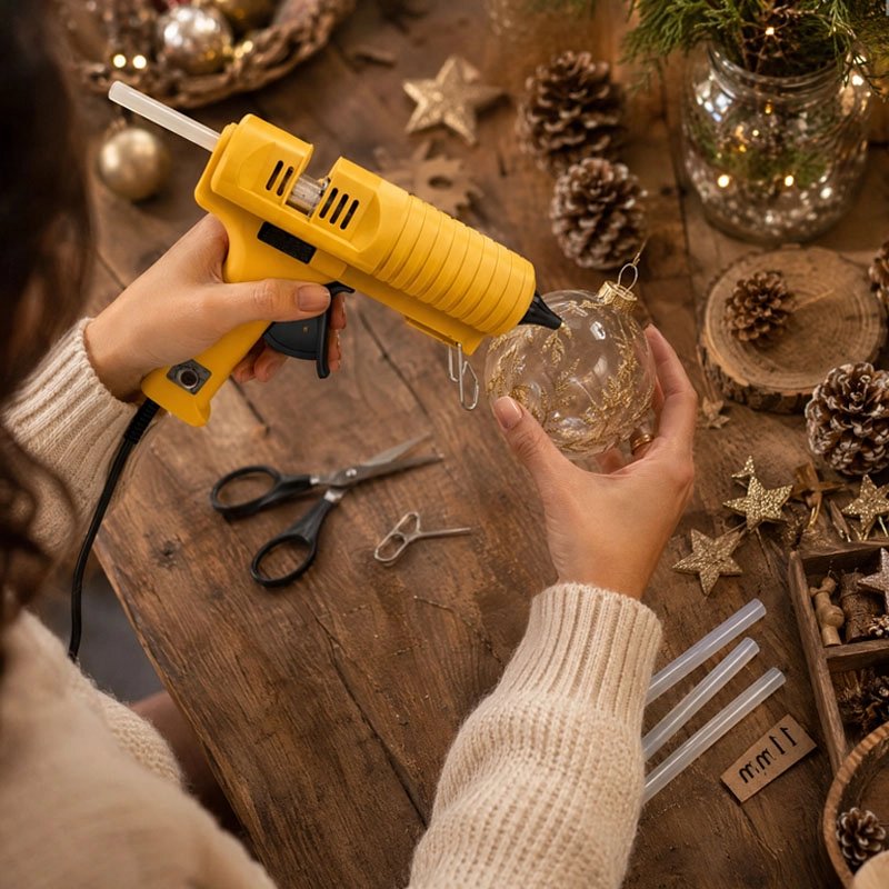 pistolet a colle jaune pour décorer une boule de Noël